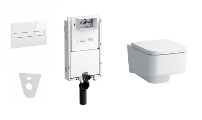 LAUFEN TW1 SET AW1BLPH + bílé tlačítko LAUFEN AW1 + kapotovaný hranatý klozet LAUFEN PRO s oplachovým kruhem + originální hranaté sedátko LAUFEN PRO